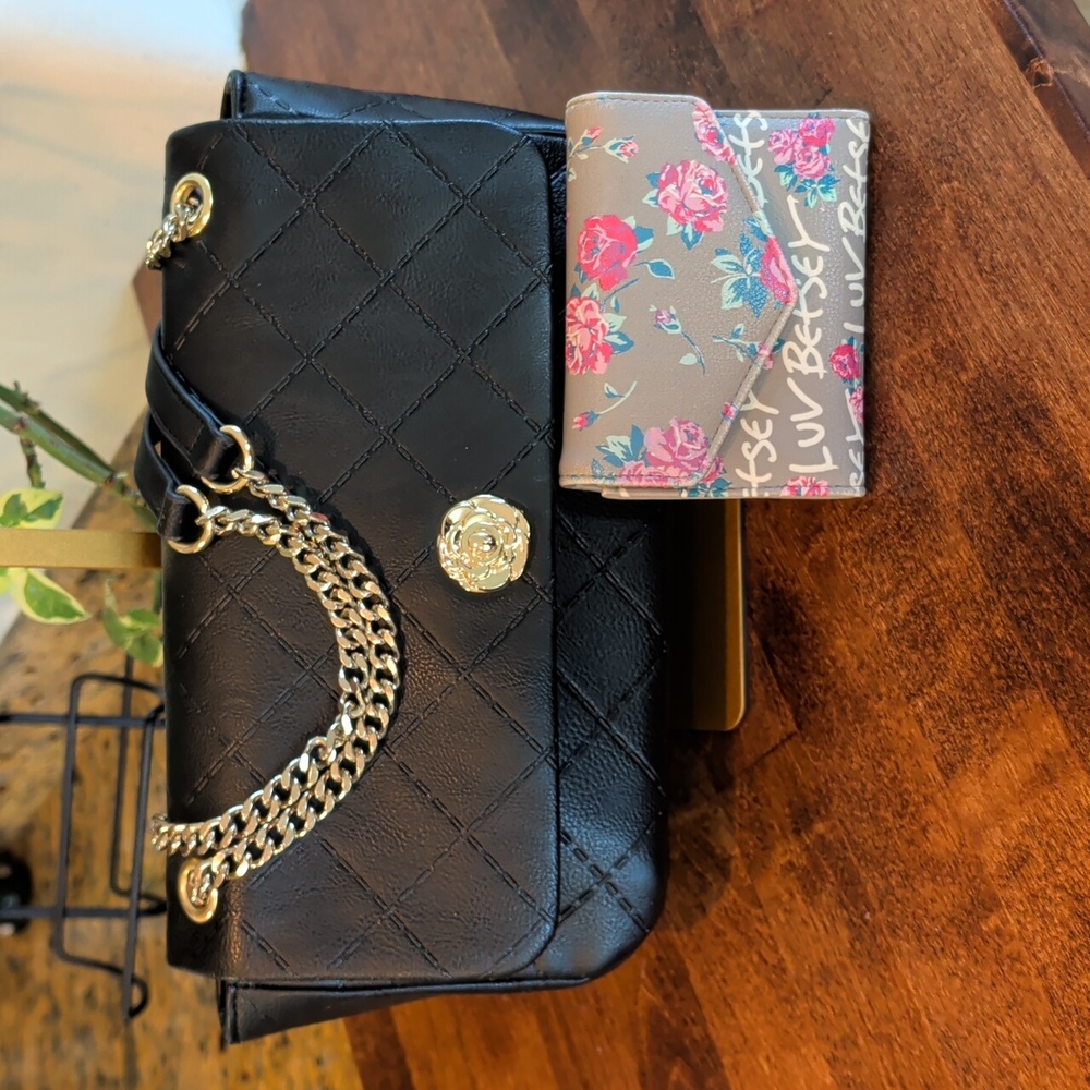 2 For 1 Betsey Johnson Black Quilted Shoulder Bag with Wallet